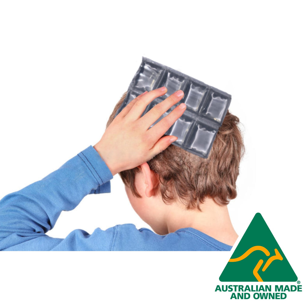 Child holding a Flexible Ice Blanket school ice pack to their head — Australian Made and Owned