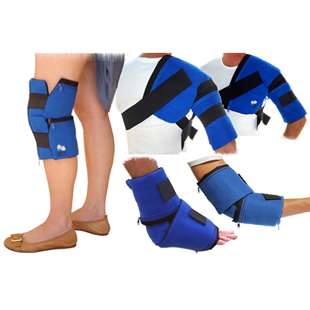 Iceepak cold therapy wraps on knee, shoulder, ankle and elbow
