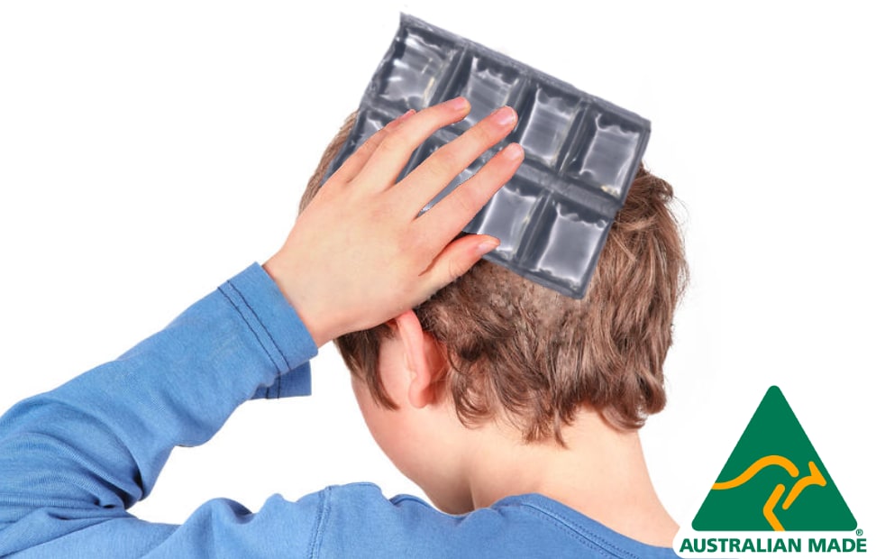 Child holding a Flexible Ice Blanket school ice pack to their head