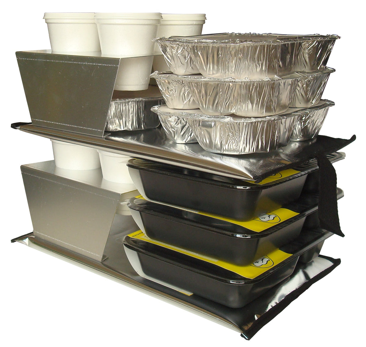 Stacked catered meals packed with Flexible Ice Blankets