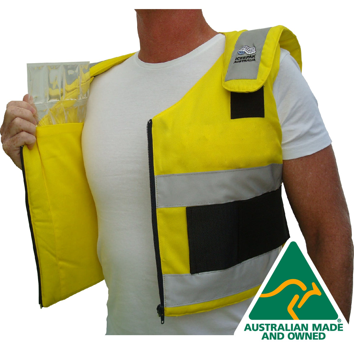 Iceepak hi-vis body-cooling ice vests in orange, navy and yellow